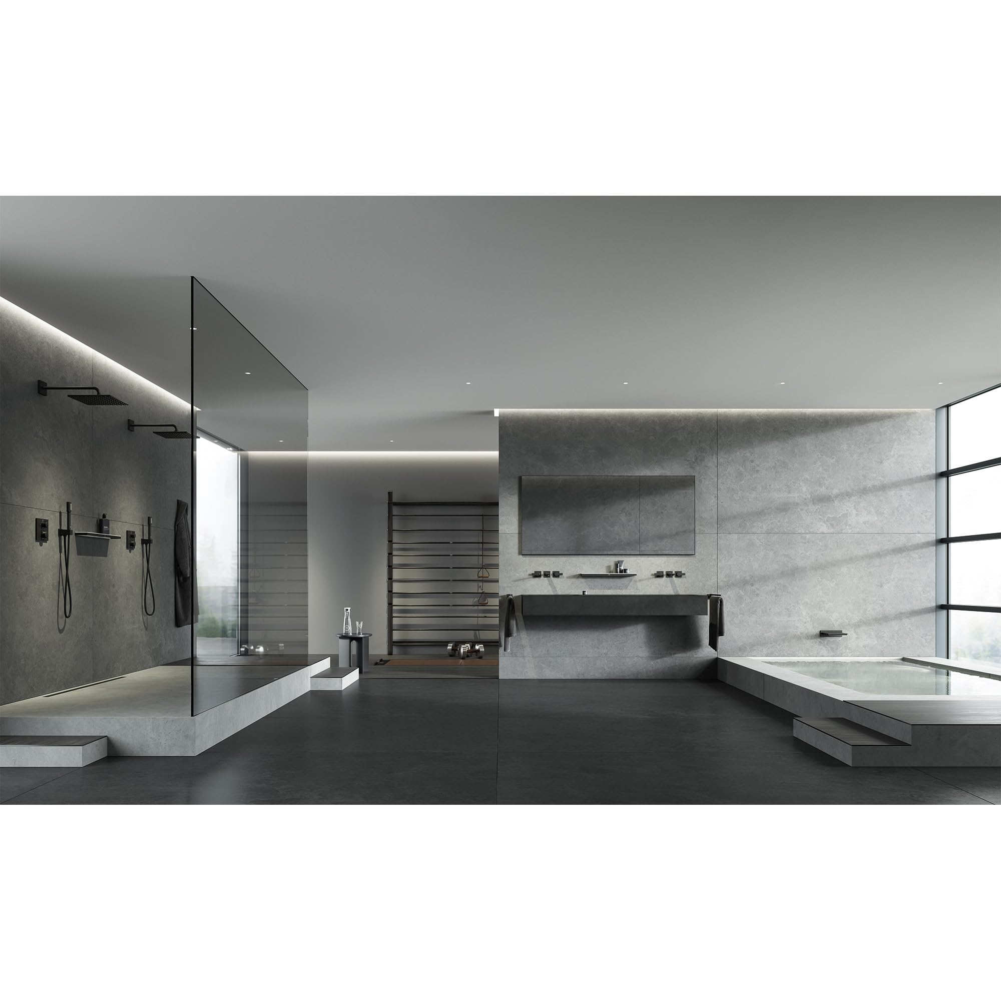 Modern bathroom with chrome wall-mounted faucet visible above the sink vanity.