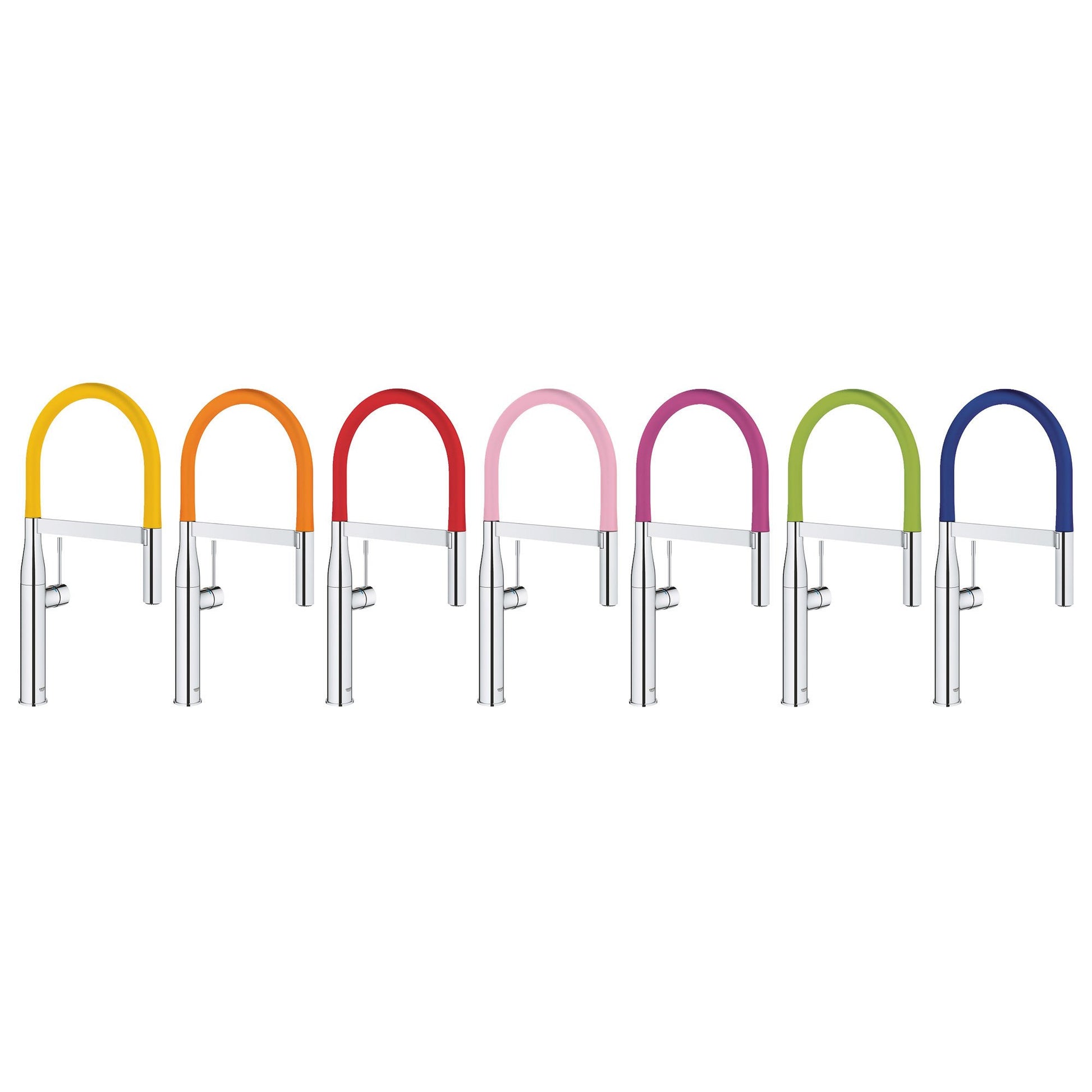 Seven kitchen faucets with flexible hoses and arched spouts in various color options including yellow, orange, red, pink, pur