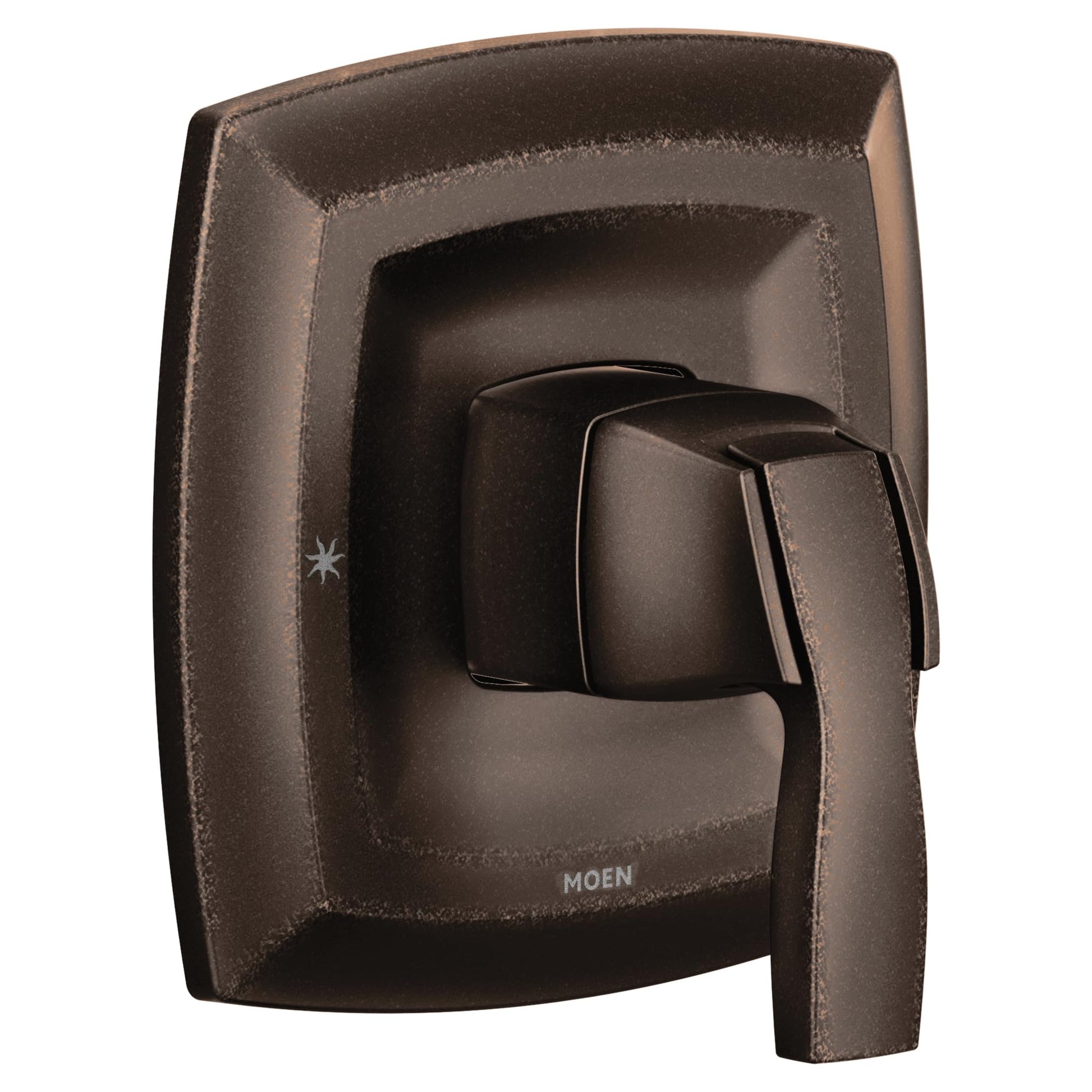 Oil rubbed bronze single-handle valve trim with squared escutcheon plate and lever handle.