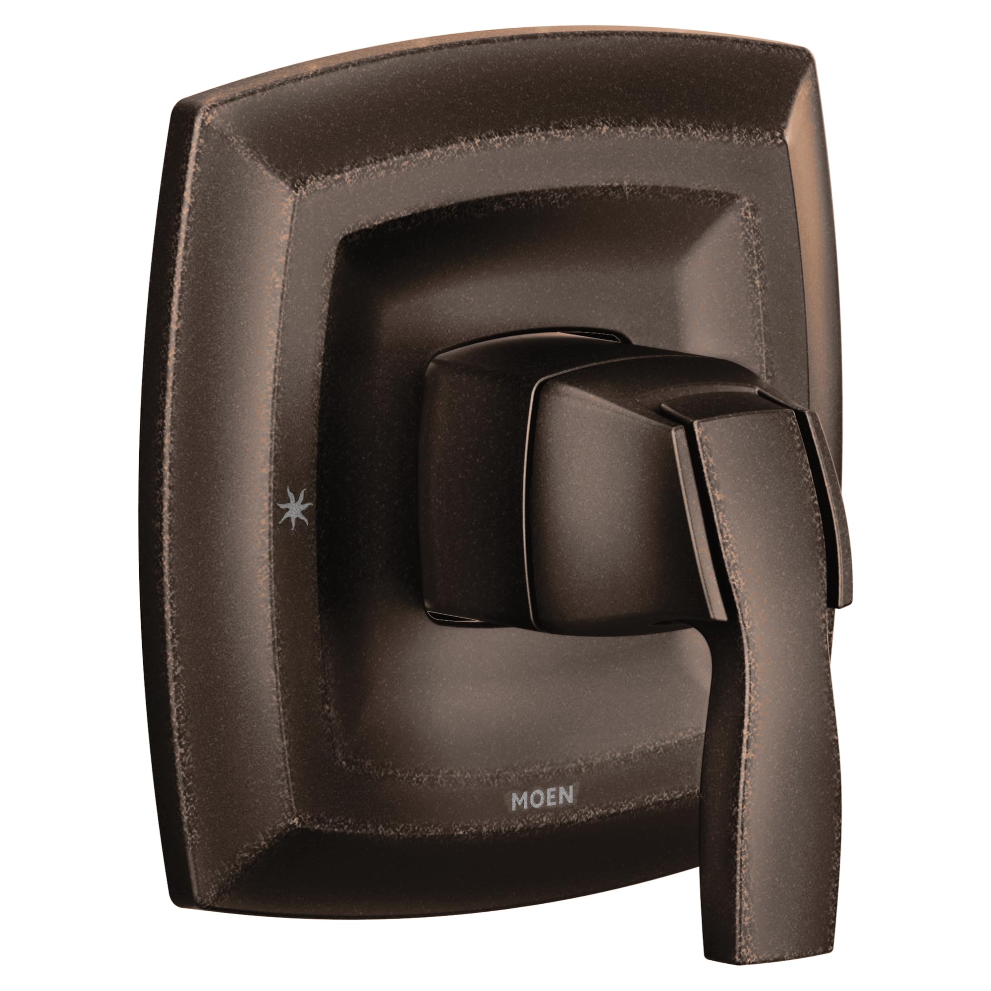Oil rubbed bronze single-handle valve trim with squared escutcheon plate and lever handle.