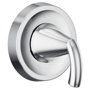 Chrome shower valve trim kit with single lever handle and round escutcheon plate.