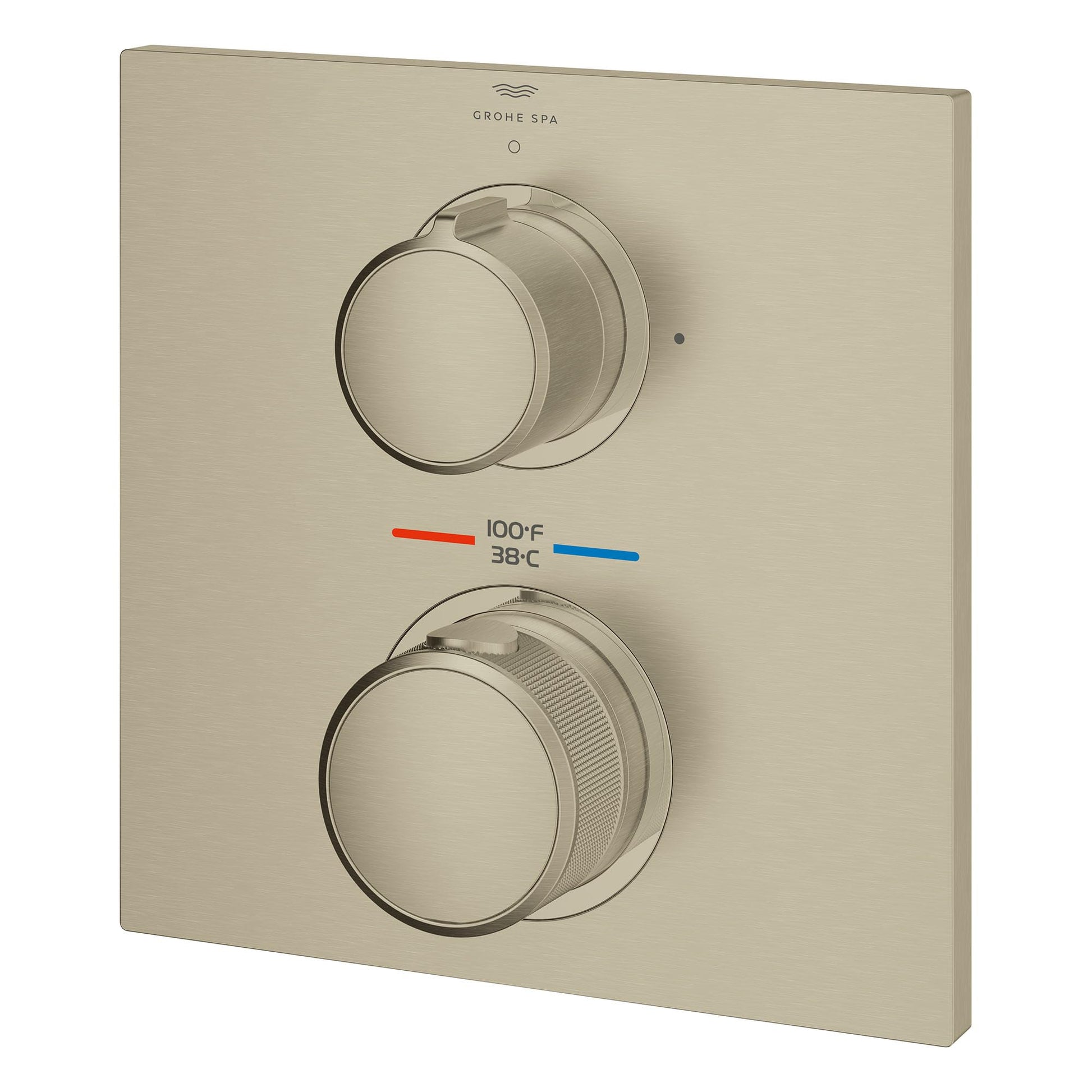 Brushed nickel thermostatic valve trim with two round handles and temperature display showing red and blue indicators.
