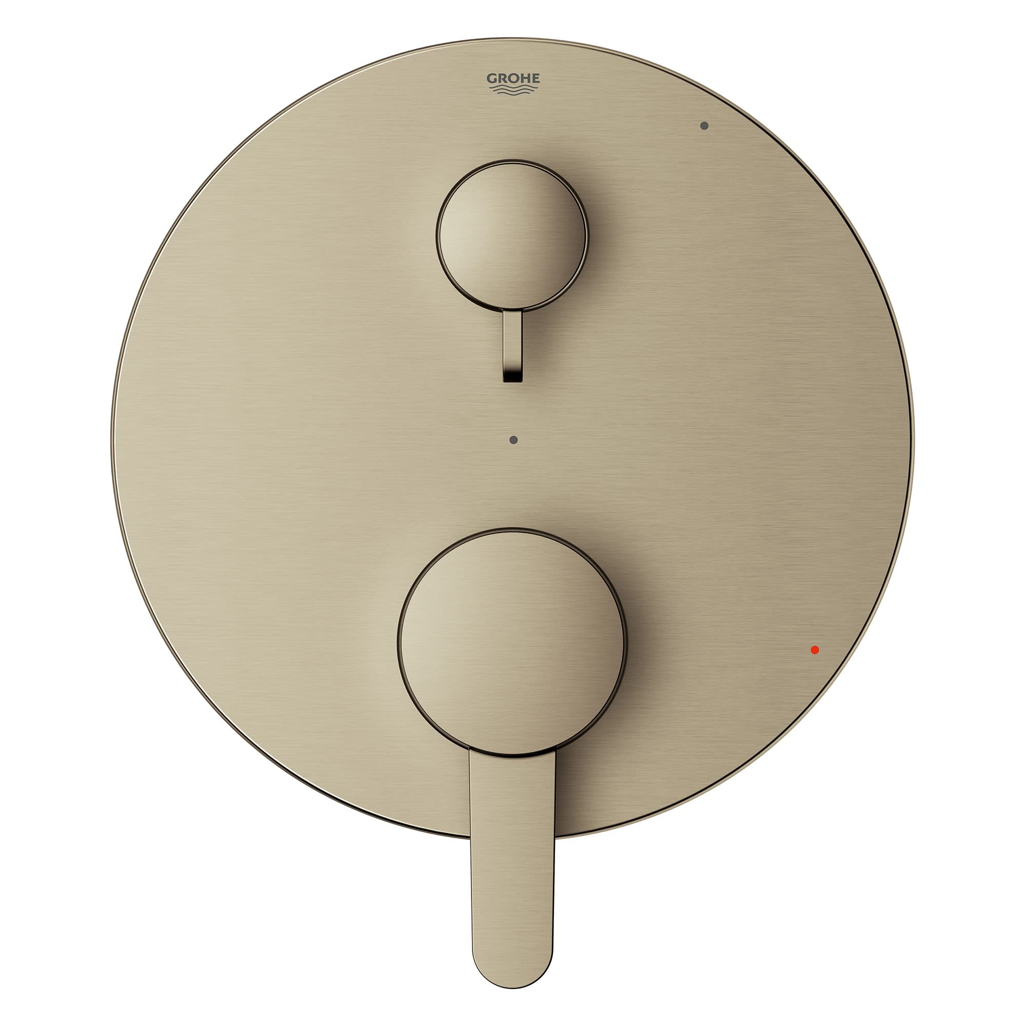 Grohe Cosmopolitan brushed nickel pressure balance valve trim with two circular handles and diverter lever.