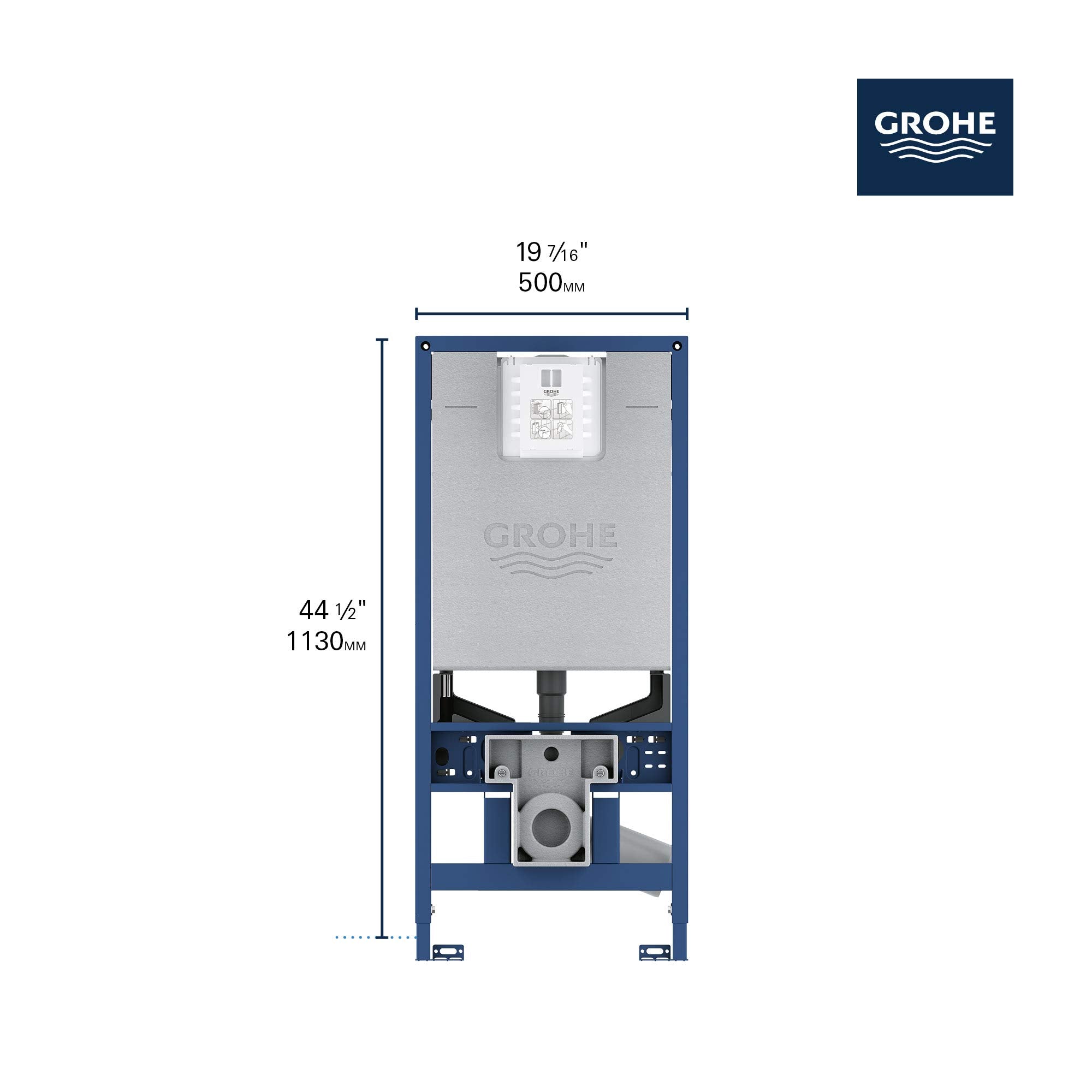 Grohe Rapid SLX in-wall carrier frame with dimensions 19 7/16" wide by 44 1/2" tall, featuring tank and mounting hardware.
