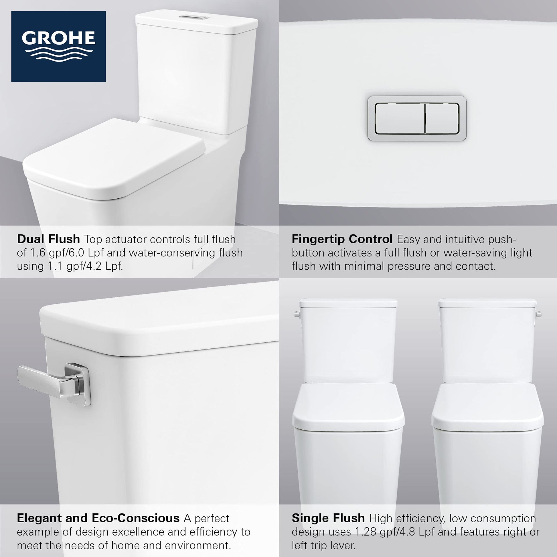White two-piece elongated toilet with closed seat, matching tank, dual flush button, and right-hand trip lever.