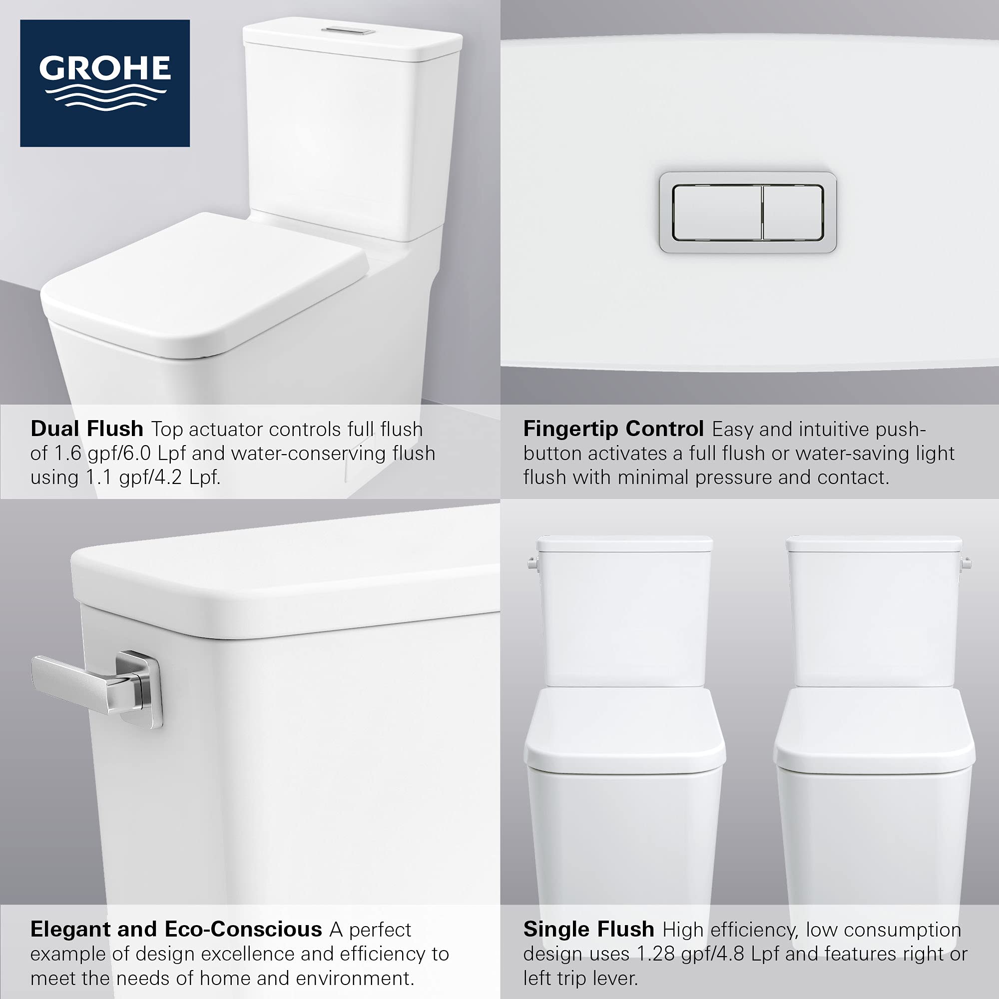 White two-piece elongated toilet with closed seat, matching tank, dual flush button, and right-hand trip lever.