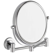 Chrome double-sided tabletop mirror with extendable articulated arm and circular reflective surface.