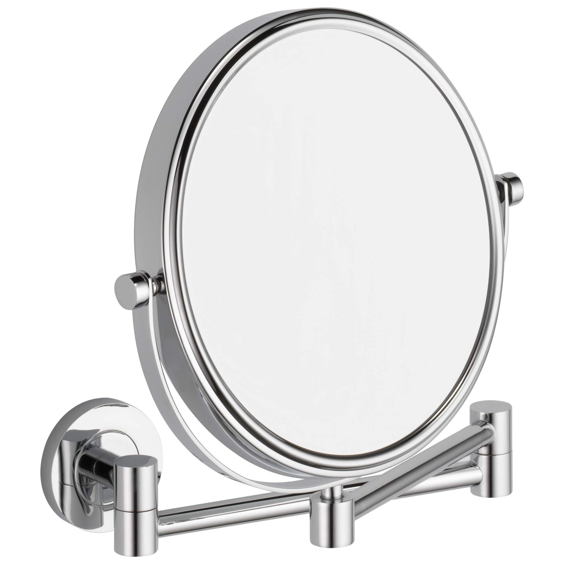 Chrome double-sided tabletop mirror with extendable articulated arm and circular reflective surface.