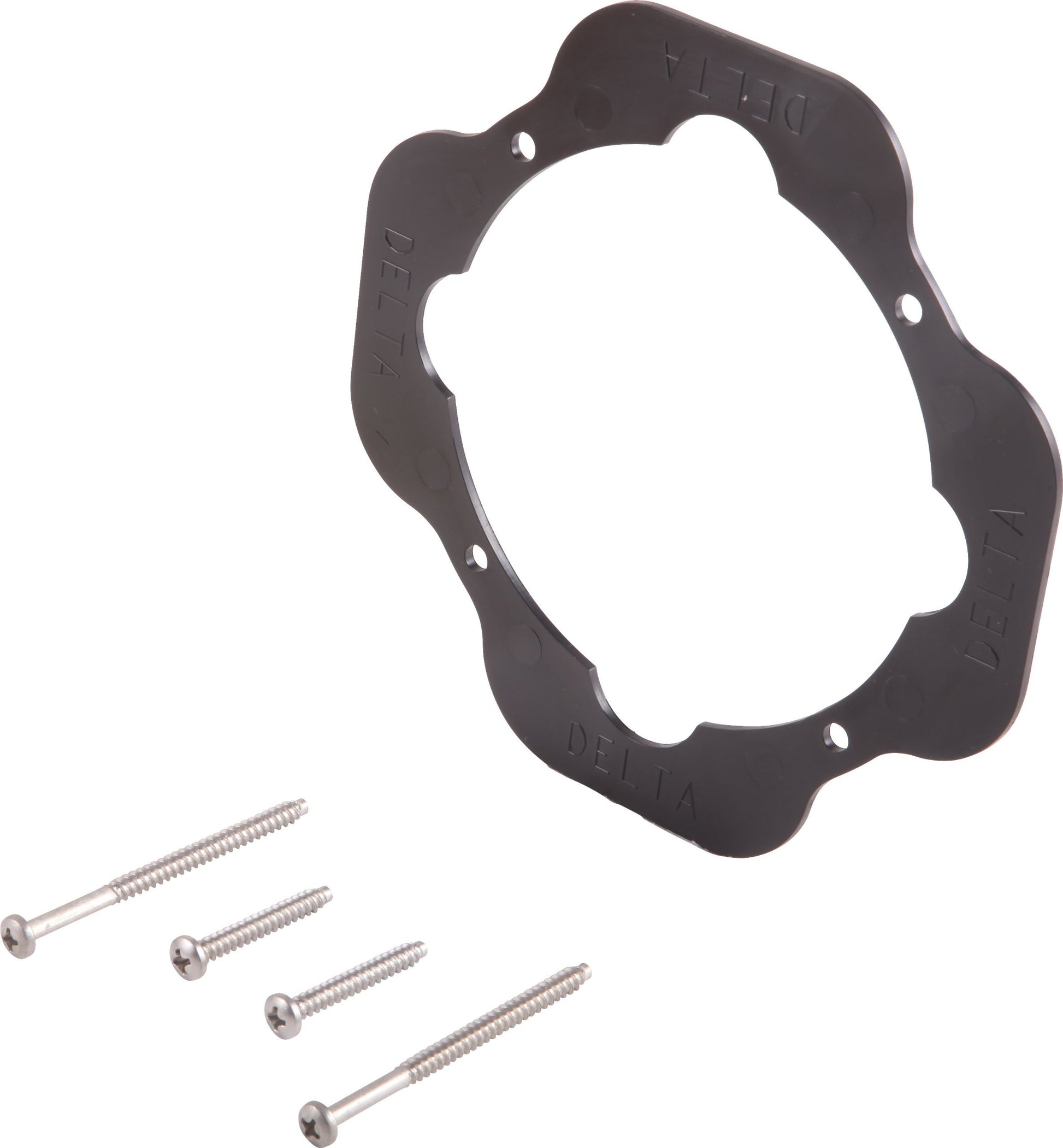 Dark brown Delta installation ring with four mounting holes and four metal screws.