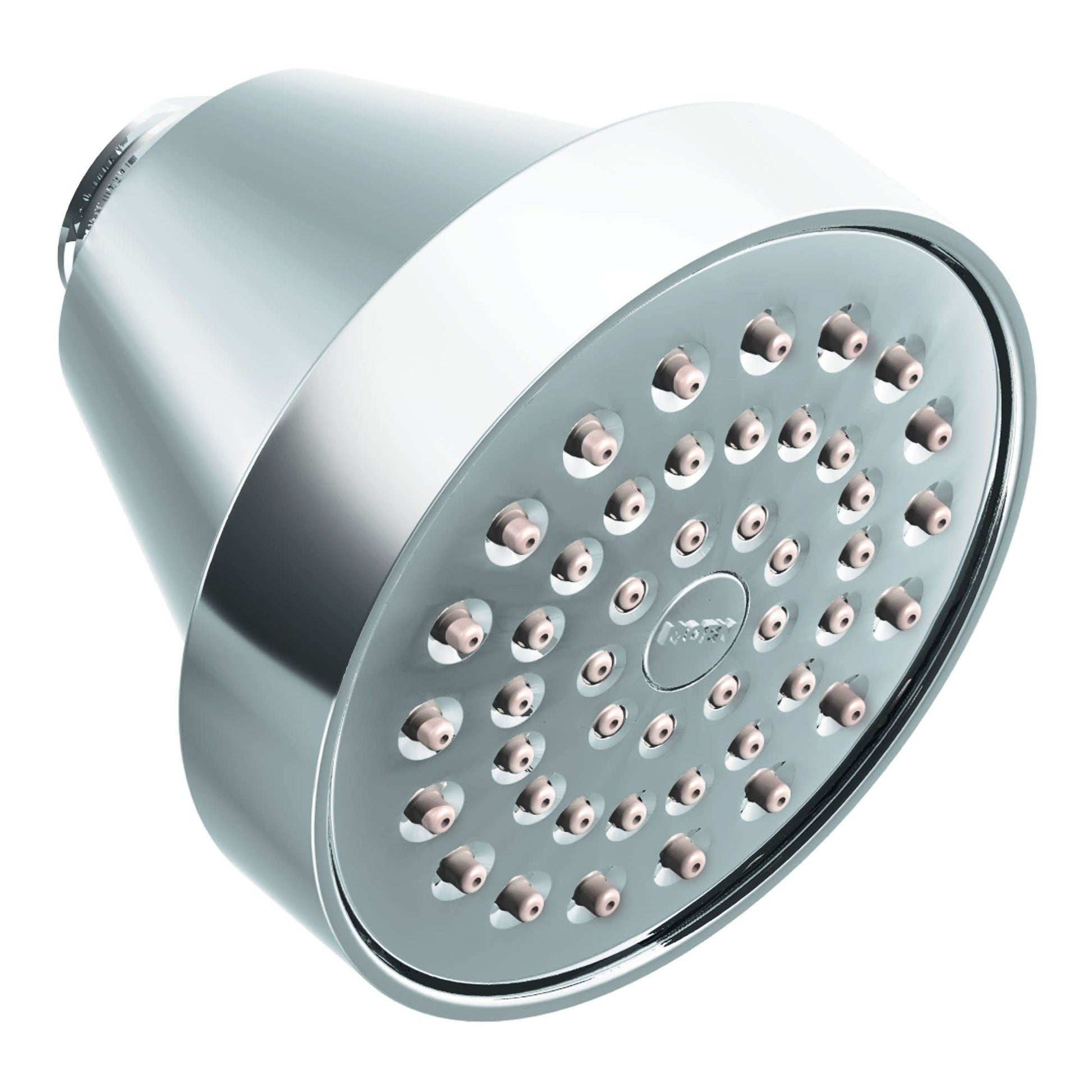 Chrome shower head with round face and multiple spray jets, attached to curved mounting arm.