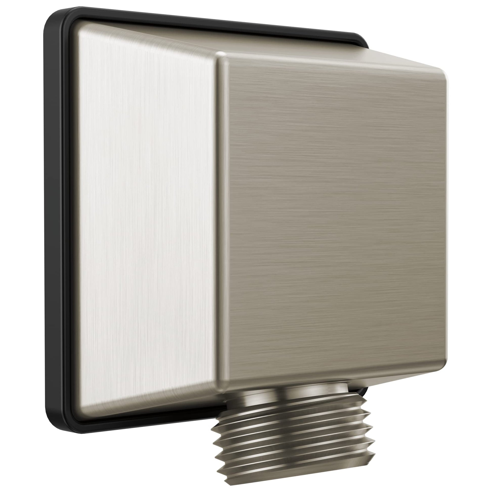 Square brushed nickel wall elbow with threaded connection for hand shower hose attachment.