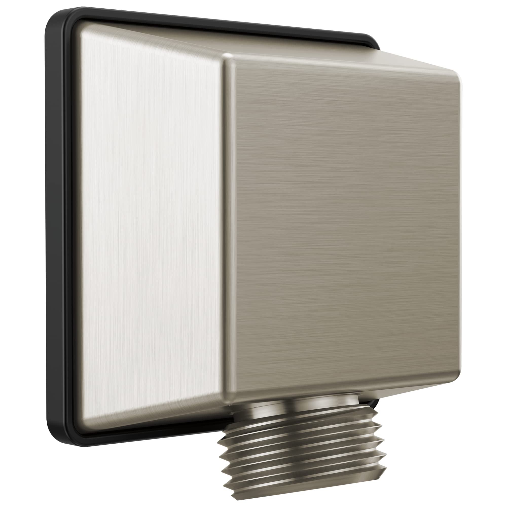 Square brushed nickel wall elbow with threaded connection for hand shower hose attachment.
