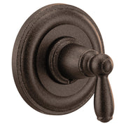 Oil rubbed bronze shower valve trim with single lever handle and circular escutcheon plate.