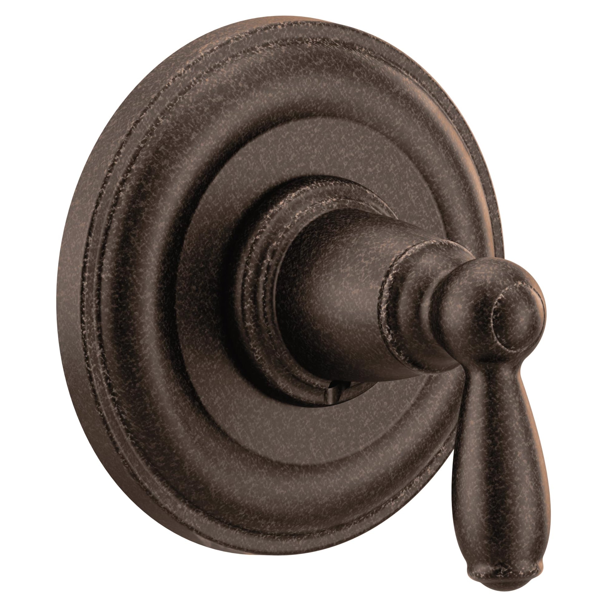 Oil rubbed bronze shower valve trim with single lever handle and circular escutcheon plate.