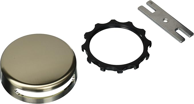 Brushed nickel bathtub overflow faceplate with black snap ring and mounting bracket included.