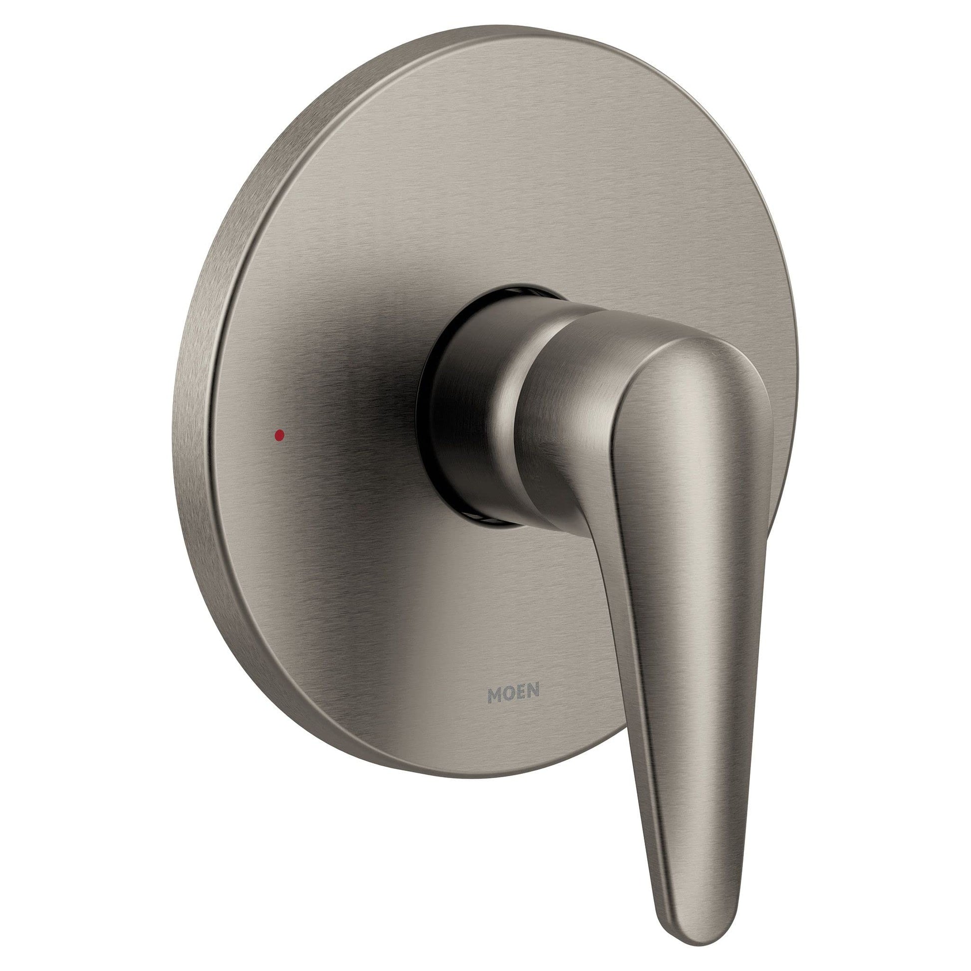 Brushed nickel shower valve trim with single lever handle and circular escutcheon plate.