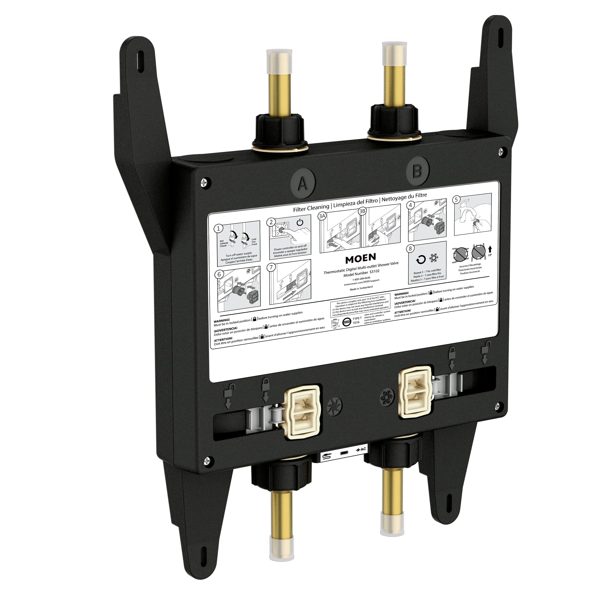 Moen S3102 digital valve with black housing, two brass outlets, mounting brackets, and installation instructions label.
