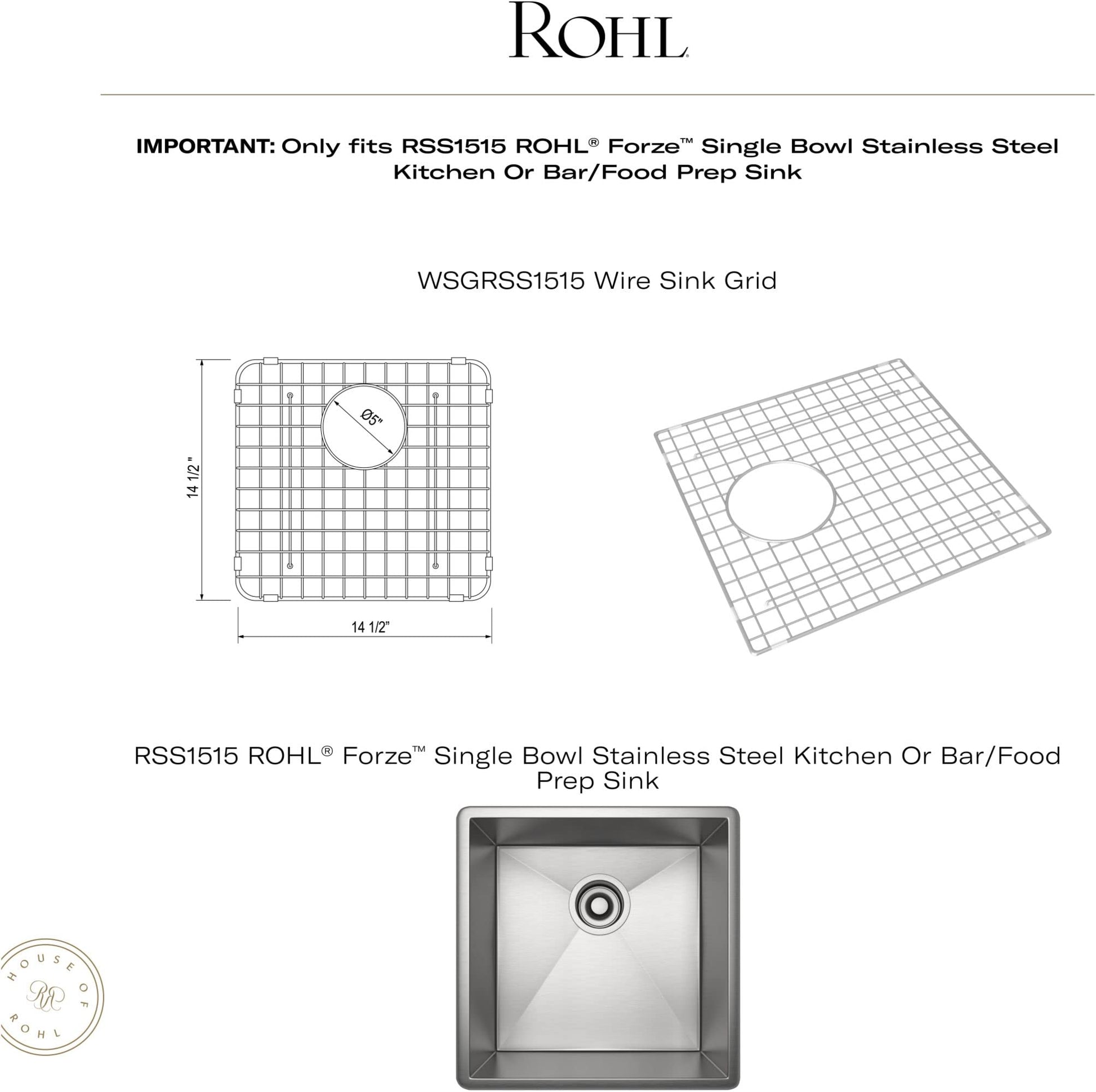 Stainless steel wire sink grid with rounded corners and center drain opening, measuring approximately 14.5 x 14.5 inches.