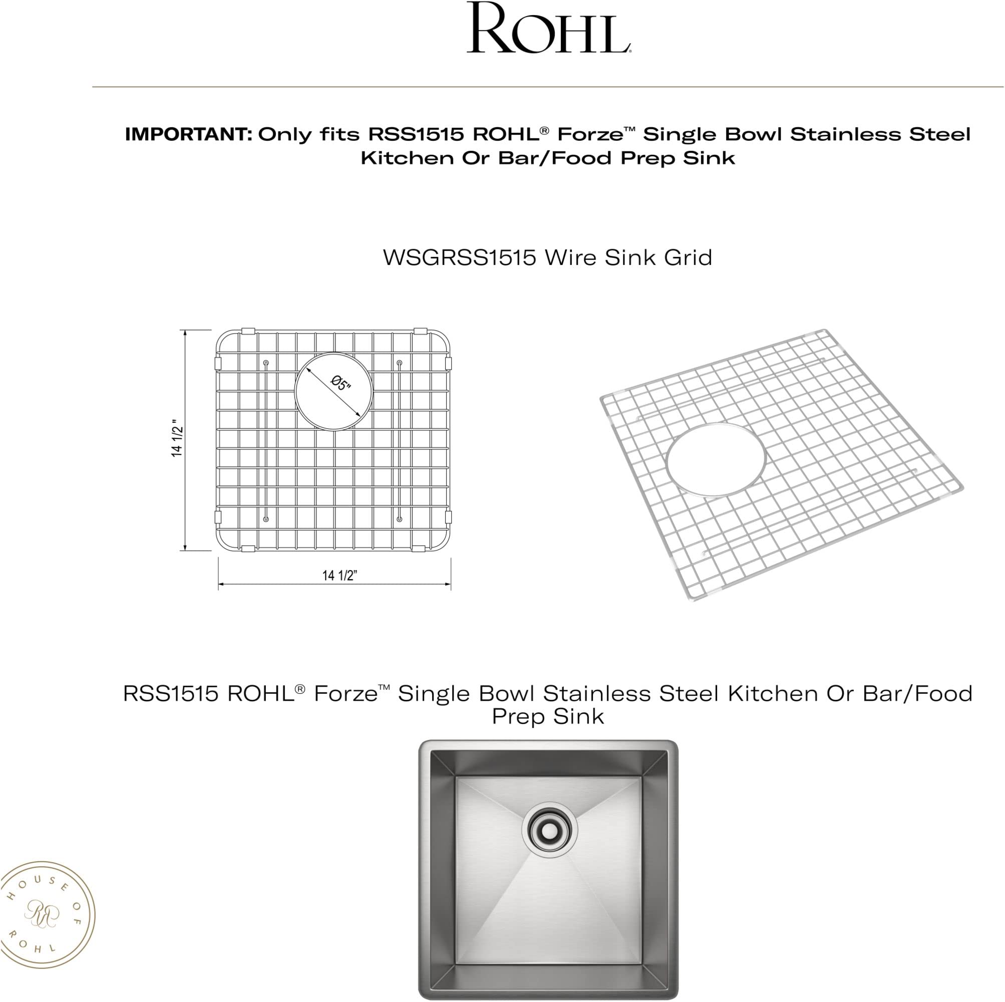 Stainless steel wire sink grid with rounded corners and center drain opening, measuring approximately 14.5 x 14.5 inches.