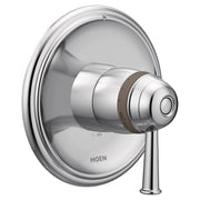 Chrome thermostatic shower valve trim with circular escutcheon plate and single lever handle.