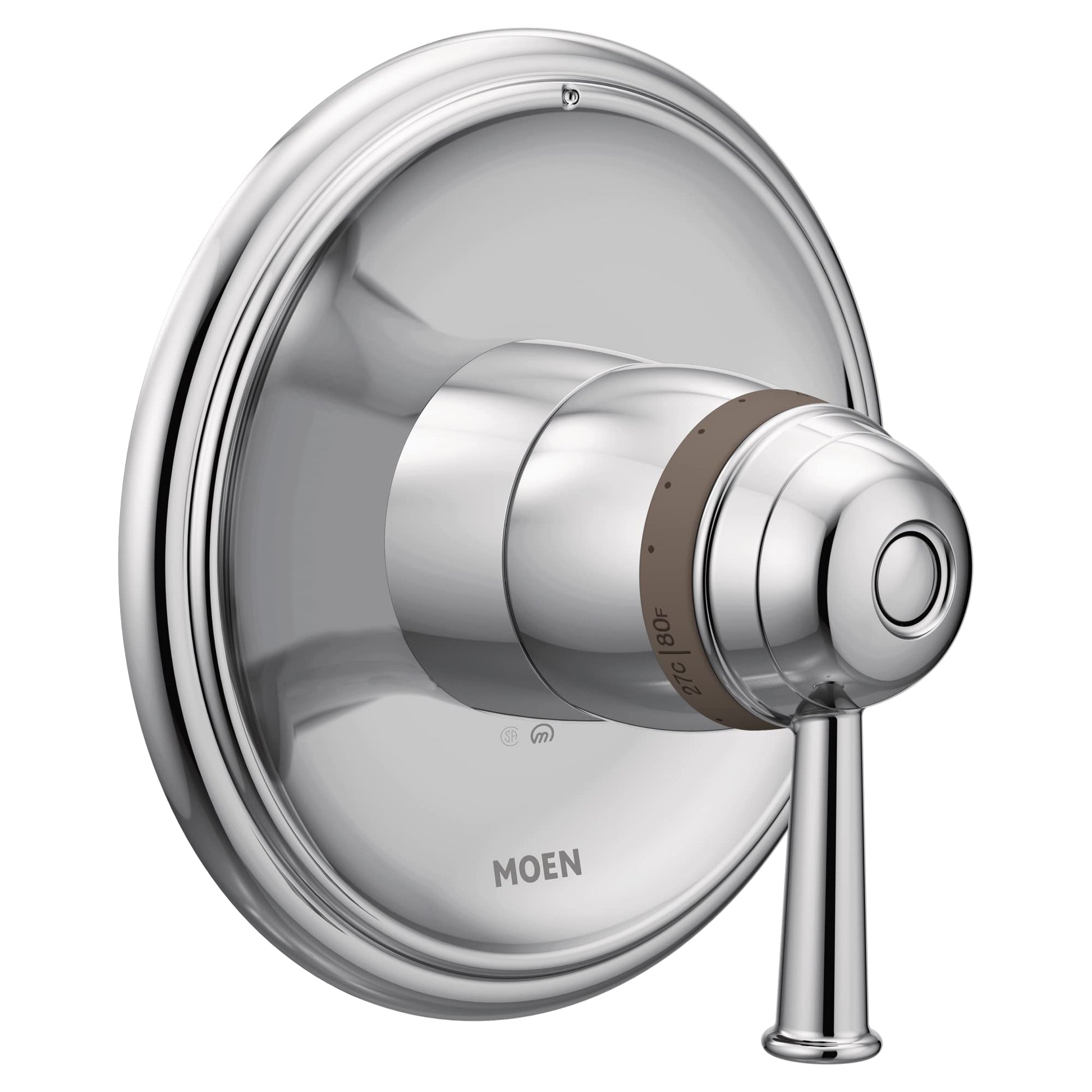 Chrome thermostatic shower valve trim with circular escutcheon plate and single lever handle.