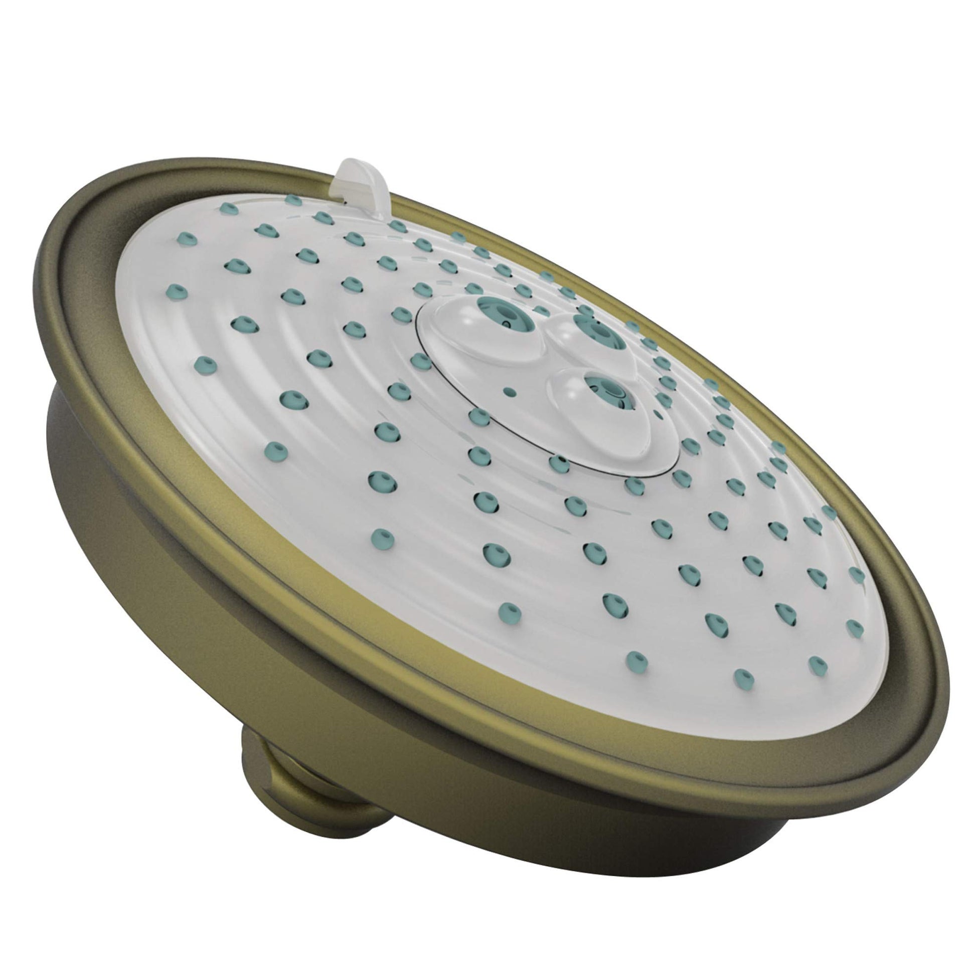 Antique brass round shower head with white face plate, multiple spray jets, and central dial control.