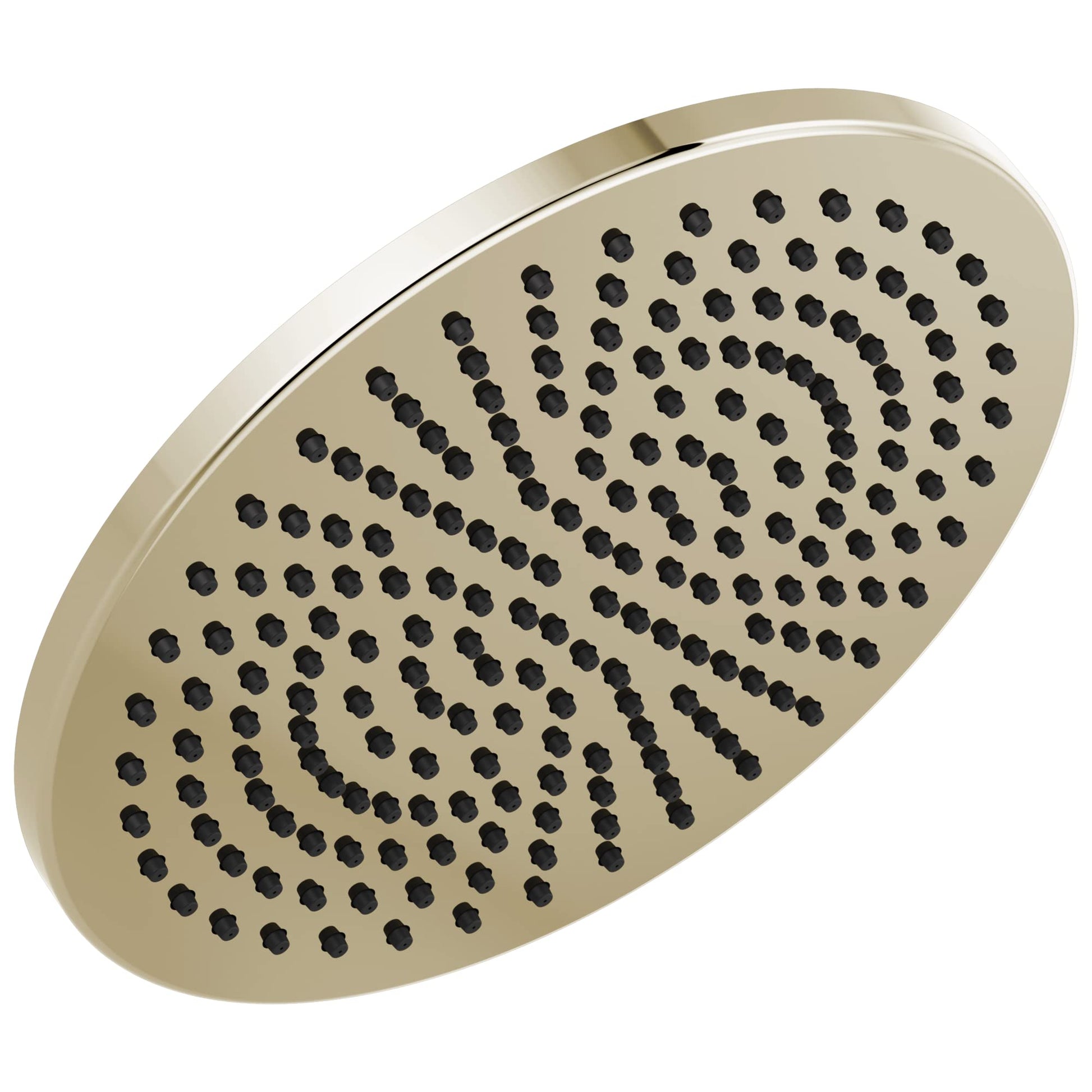 Round metal shower head in brushed nickel with multiple spray holes arranged in concentric circles.