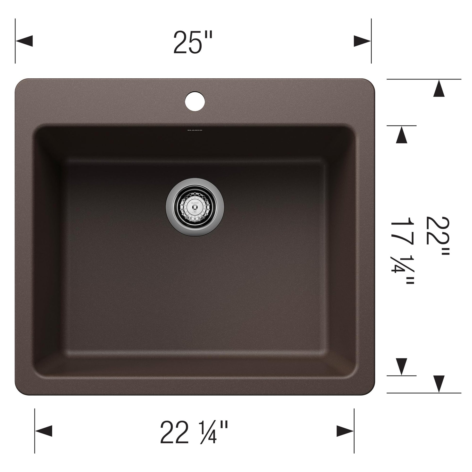 Cafe-colored single bowl kitchen sink with rounded corners, 25" width, featuring one drain hole and dimensions marked.