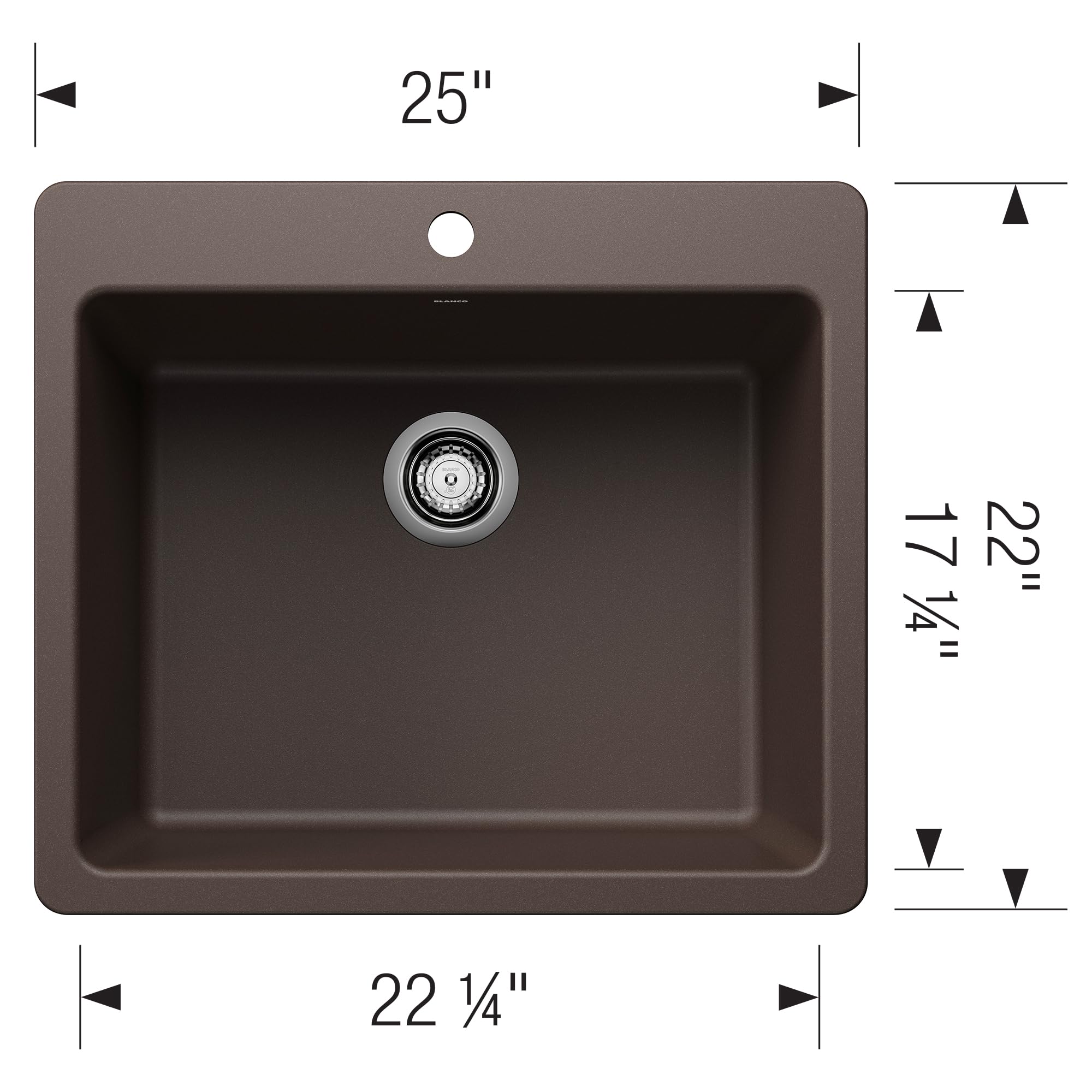 Cafe-colored single bowl kitchen sink with rounded corners, 25" width, featuring one drain hole and dimensions marked.
