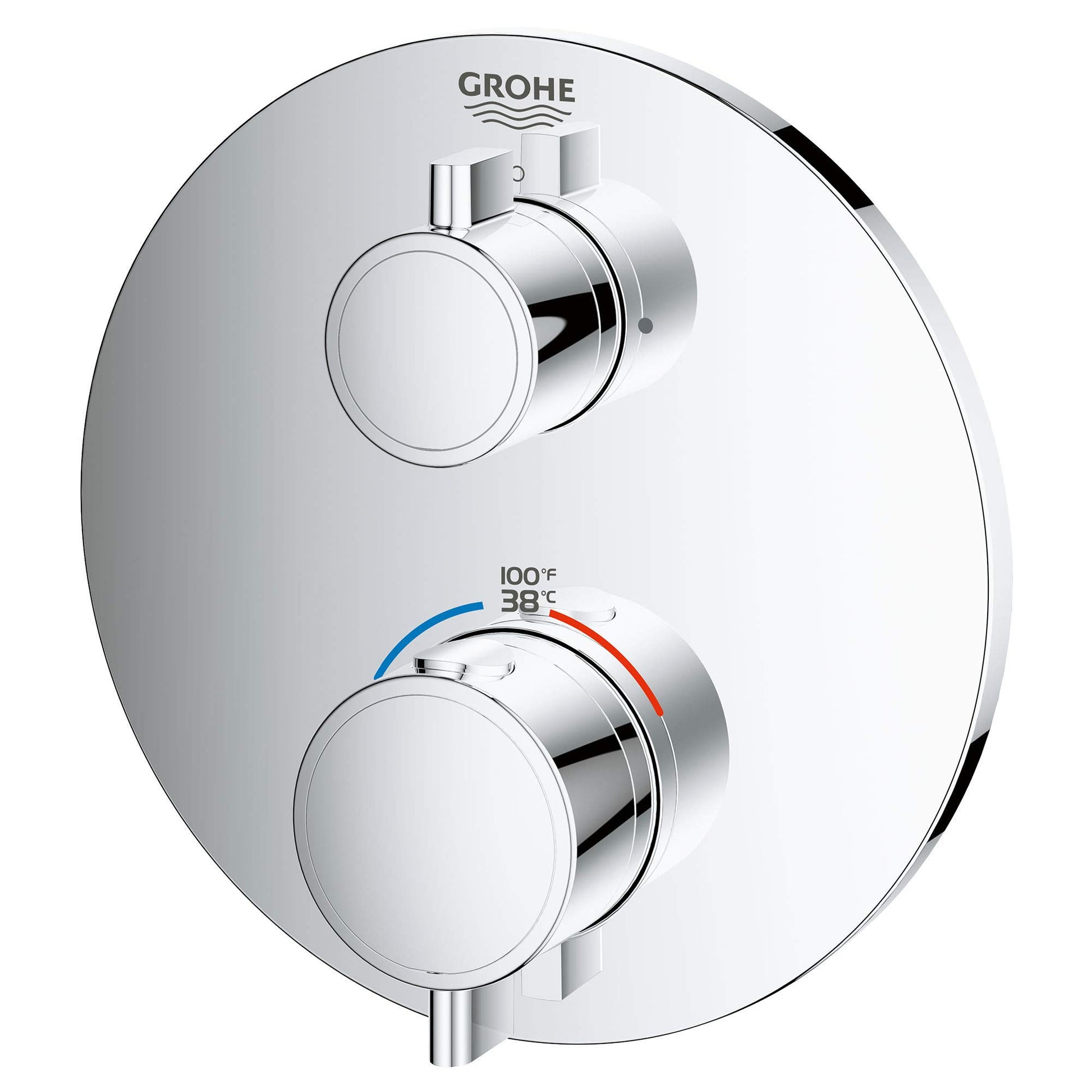 Grohe chrome thermostatic valve trim with two round handles, temperature dial displaying Fahrenheit and Celsius scale, mounte