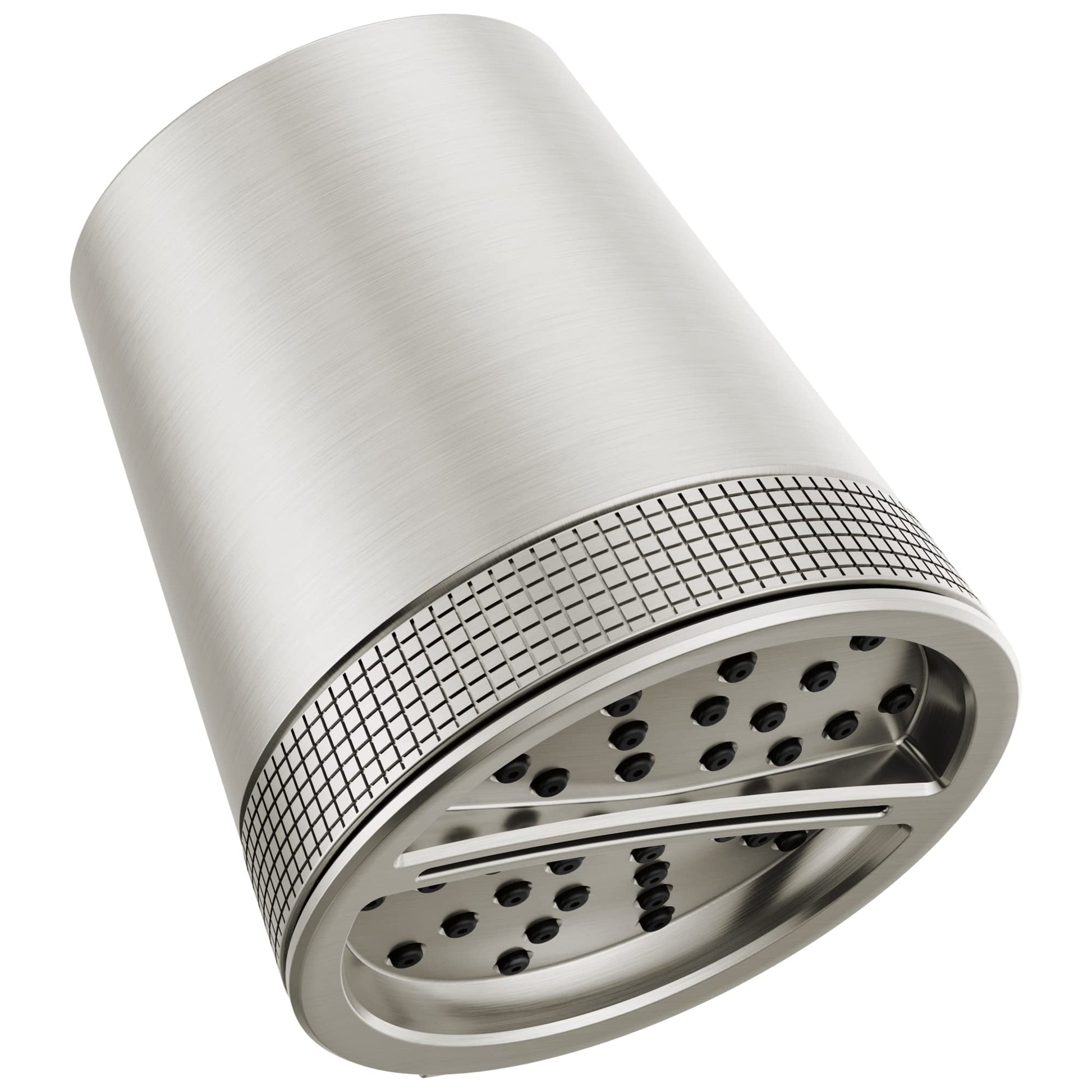 Brushed nickel cylindrical shower head with perforated spray face and adjustable selector lever.