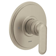Brushed nickel tub and shower trim with round escutcheon plate and lever handle.