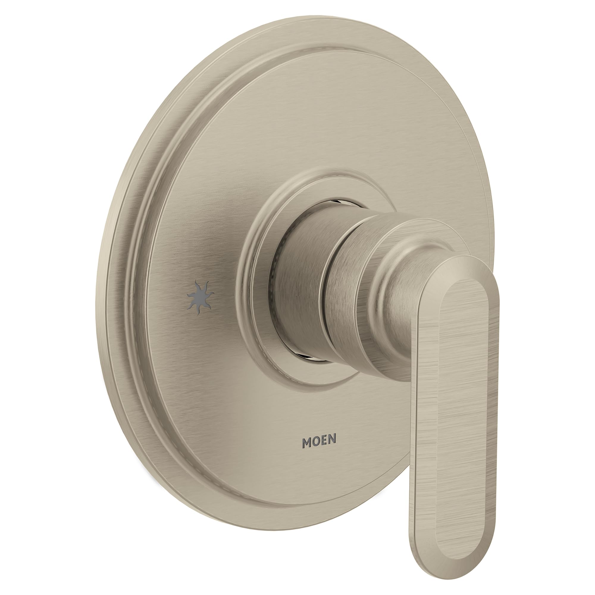 Brushed nickel tub and shower trim with round escutcheon plate and lever handle.