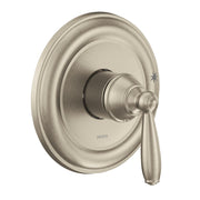 Brushed nickel shower trim with round escutcheon plate and single lever handle.