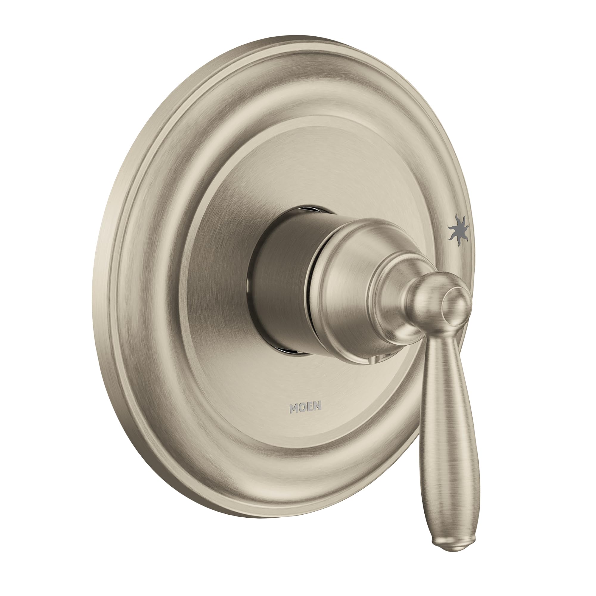 Brushed nickel shower trim with round escutcheon plate and single lever handle.
