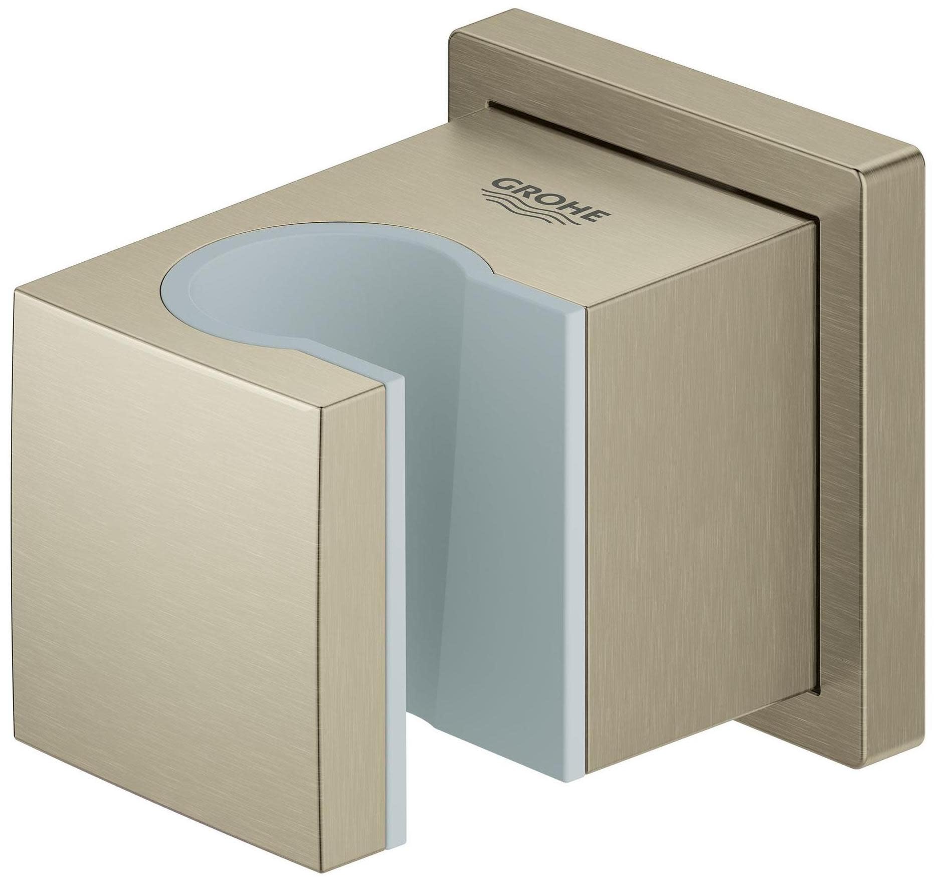 Grohe Euphoria wall mount hand shower holder with curved cradle in brushed nickel finish.