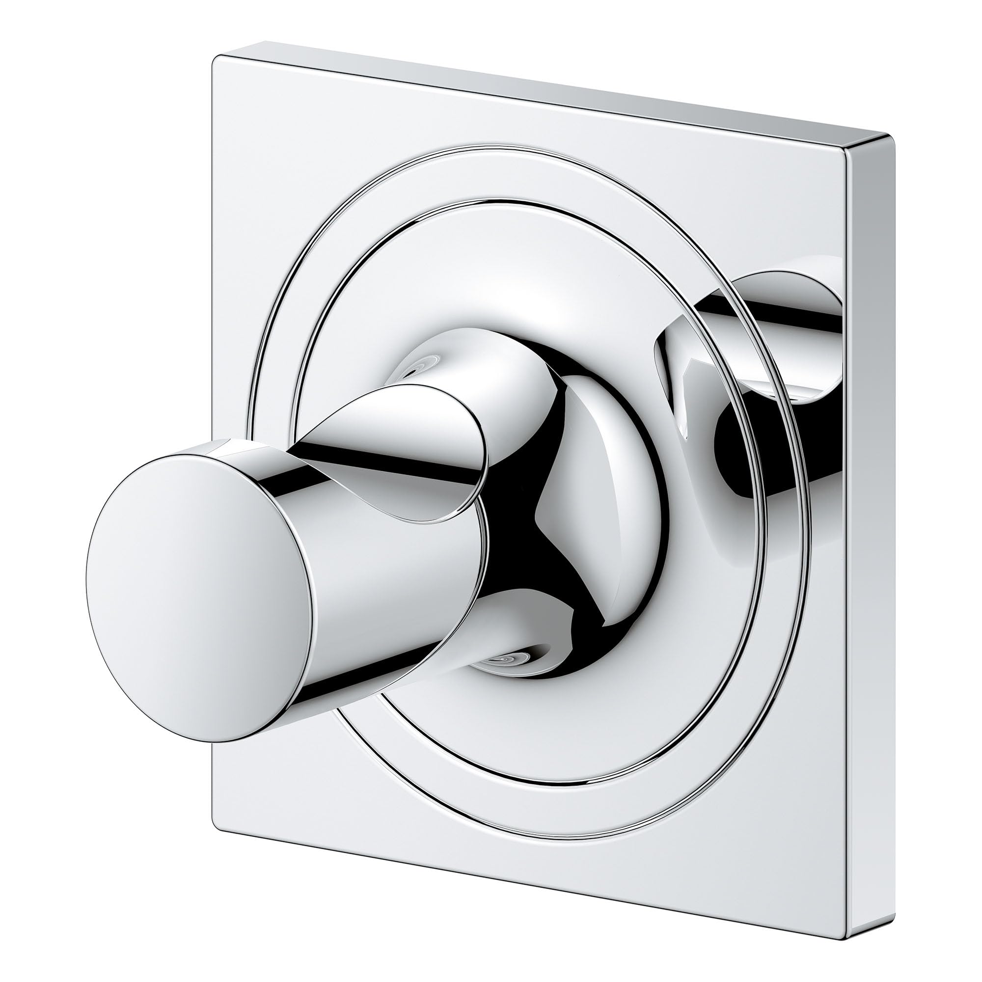 Chrome towel hook with cylindrical knob mounted on square wall plate with curved circular backplate.