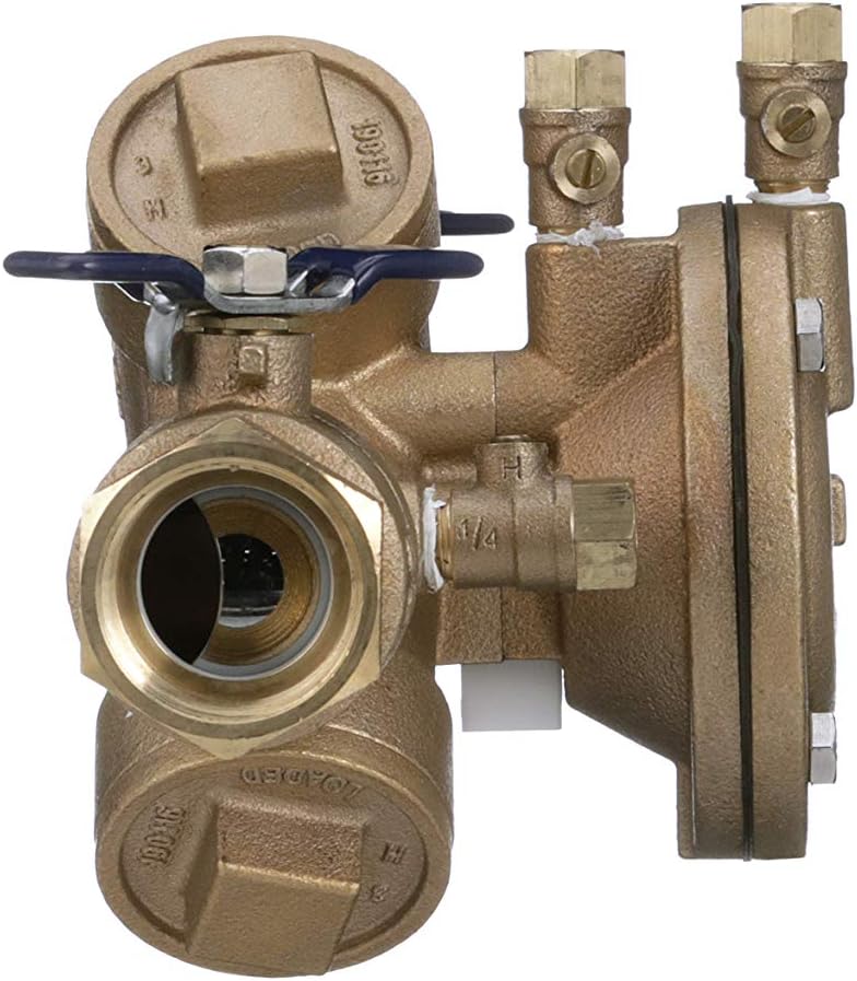 Bronze reduced pressure zone backflow preventer with 1-1/4 inch connection and dual blue ball valves.