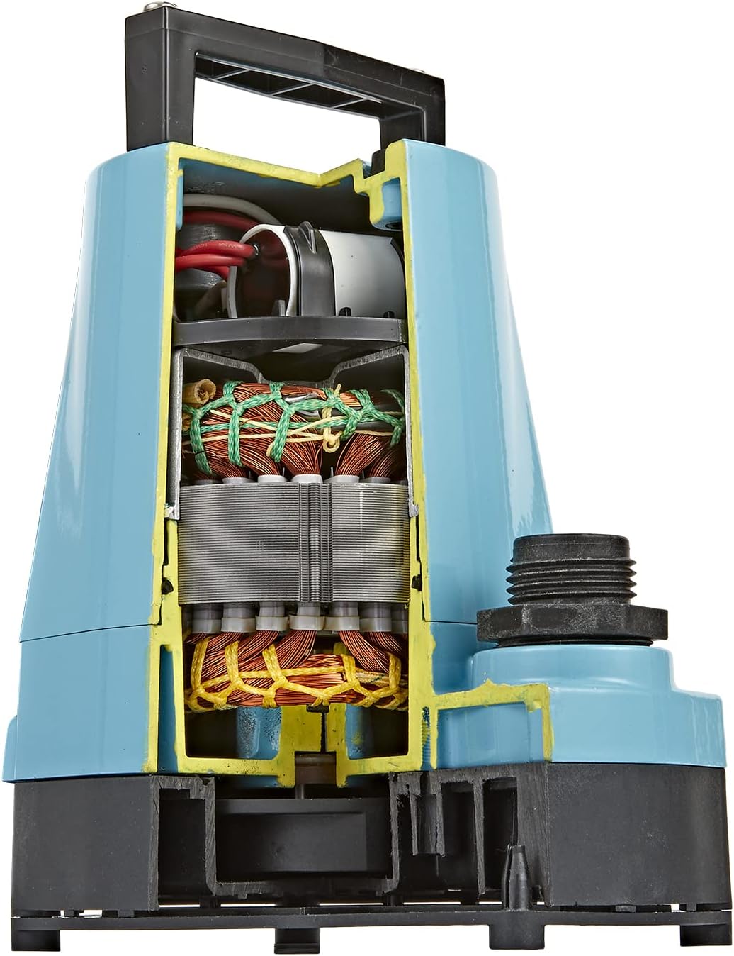 Little Giant 5-MSP submersible utility pump with open housing showing motor, impeller, and internal wiring components.