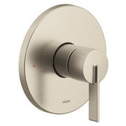 Brushed nickel single-handle shower valve trim with round escutcheon plate and lever handle.
