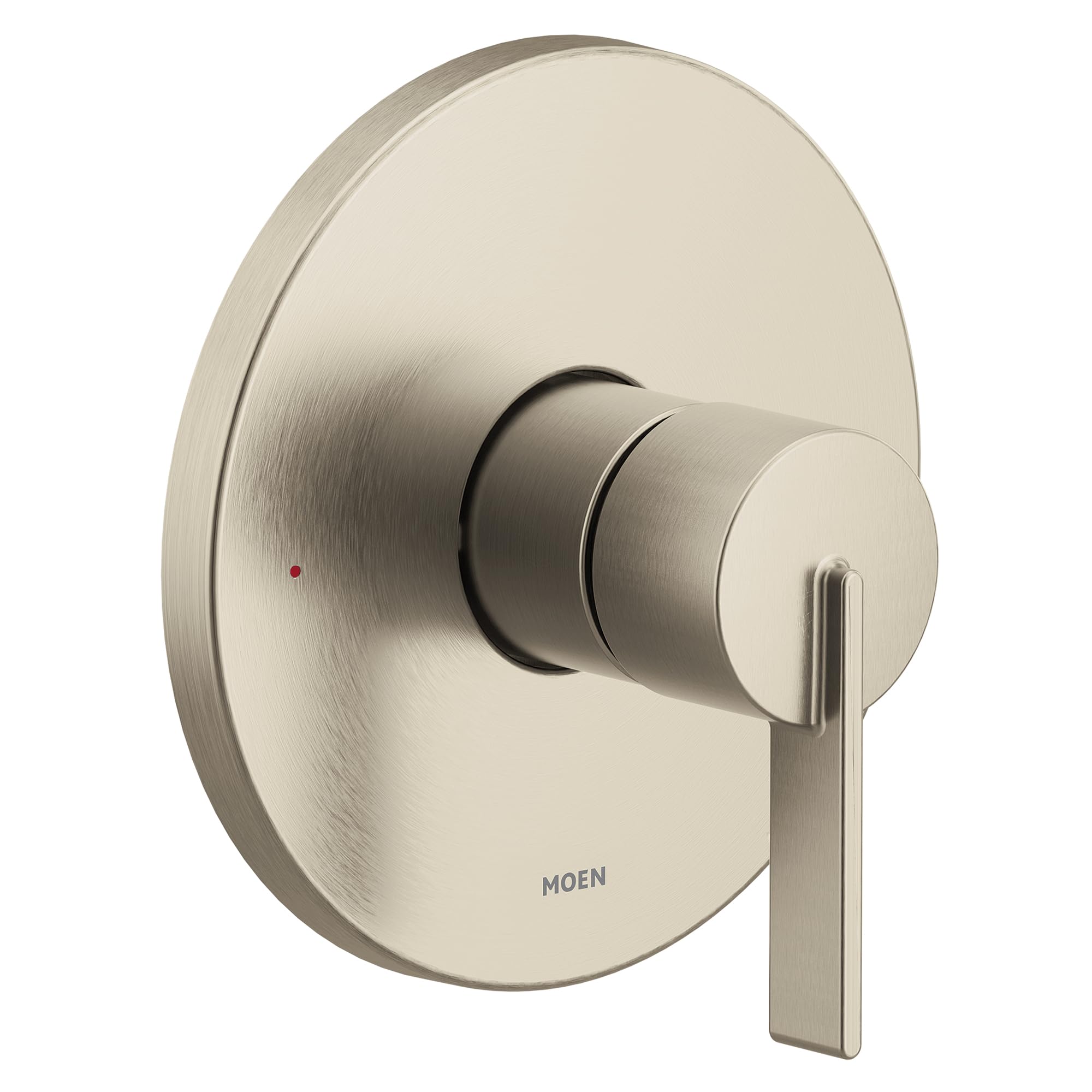 Brushed nickel single-handle shower valve trim with round escutcheon plate and lever handle.