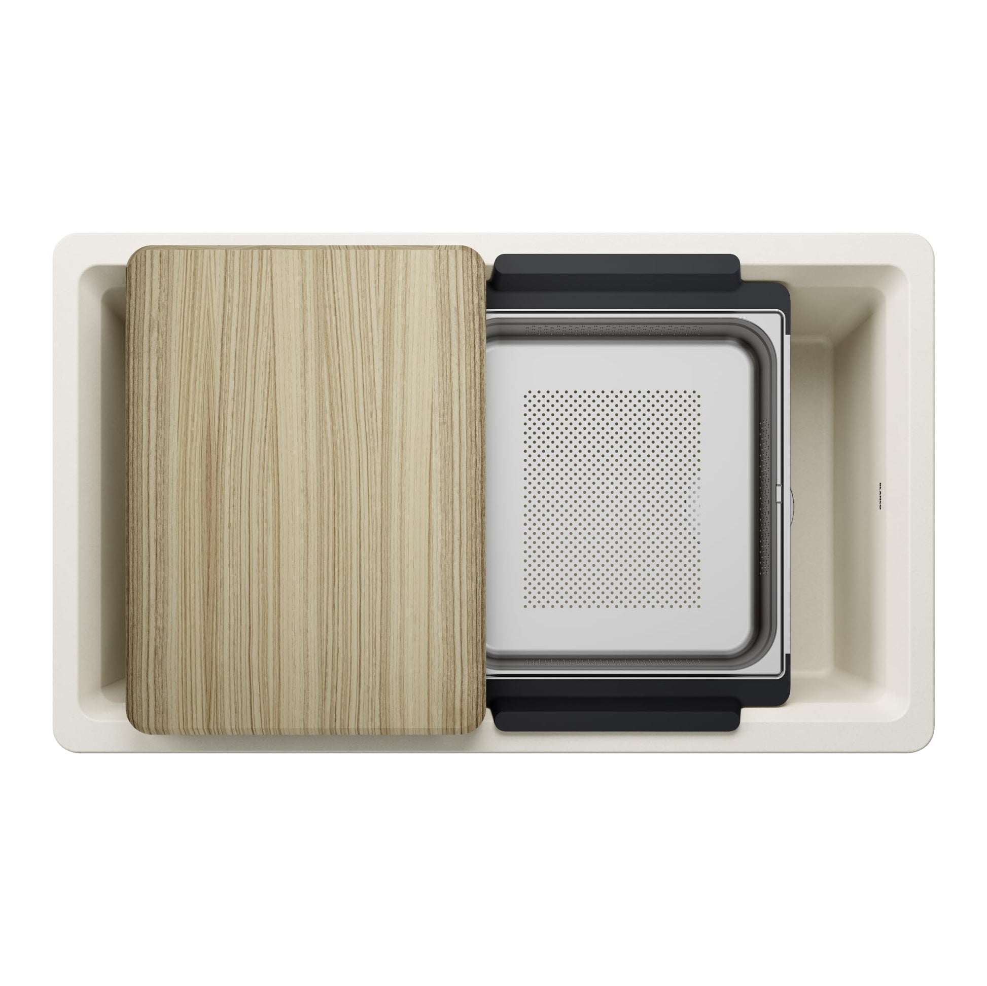 Soft white undermount kitchen sink with wooden cutting board and perforated colander accessory visible from above.