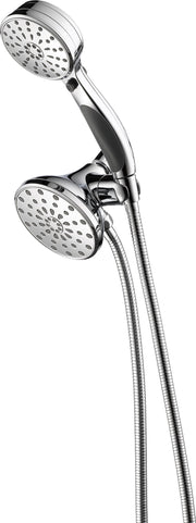 Chrome shower head combo with hand shower and fixed wall mount, both featuring multiple spray holes and black grip handles.