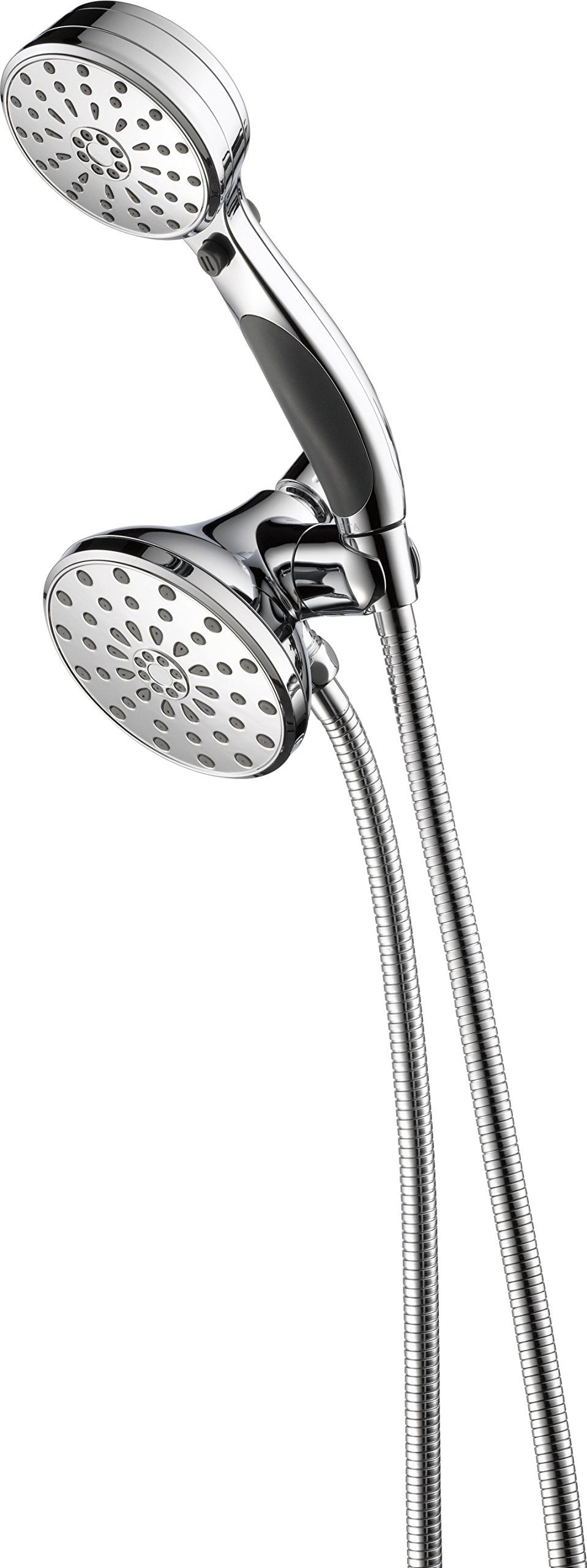 Chrome shower head combo with hand shower and fixed wall mount, both featuring multiple spray holes and black grip handles.
