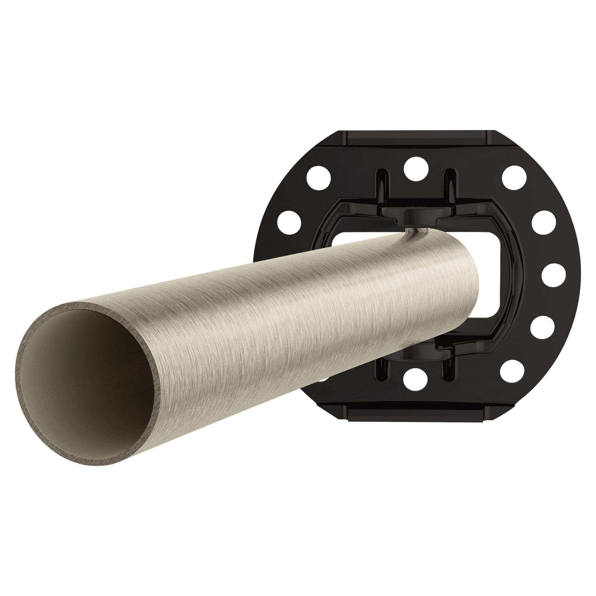Brushed nickel curved shower rod with black mounting bracket and white mounting holes.