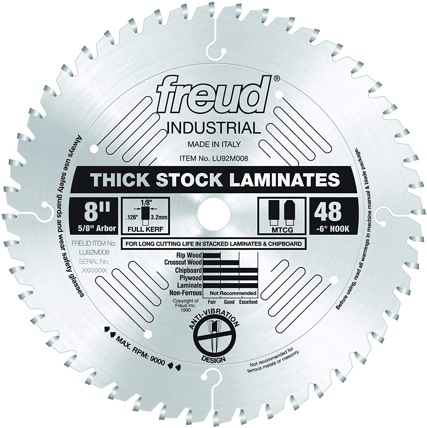 8-inch circular saw blade with 48 teeth, 5/8-inch arbor, designed for thick-stock laminates and chipboard.