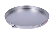 White and aluminum circular drain pan with small outlet valve on side.