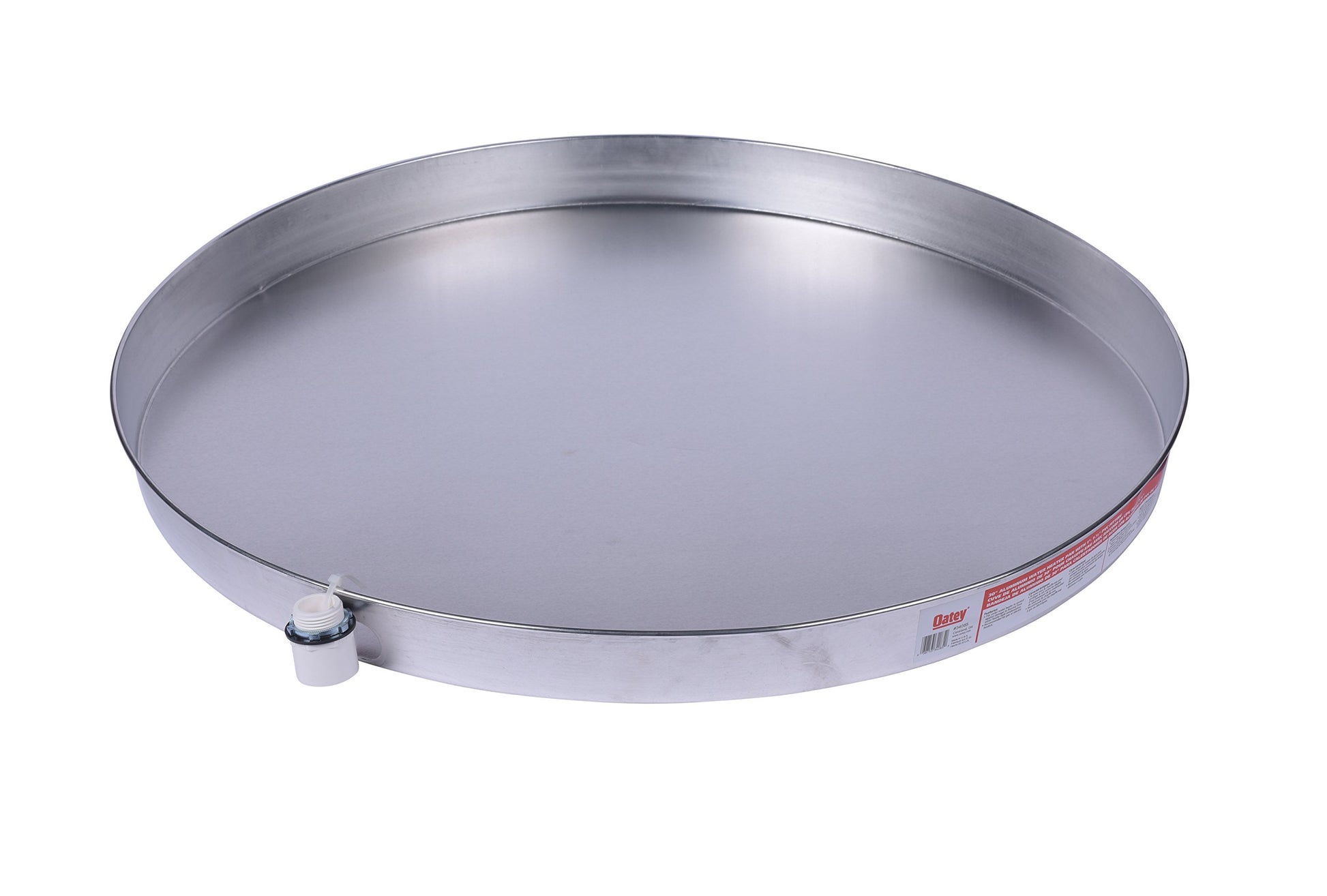 White and aluminum circular drain pan with small outlet valve on side.