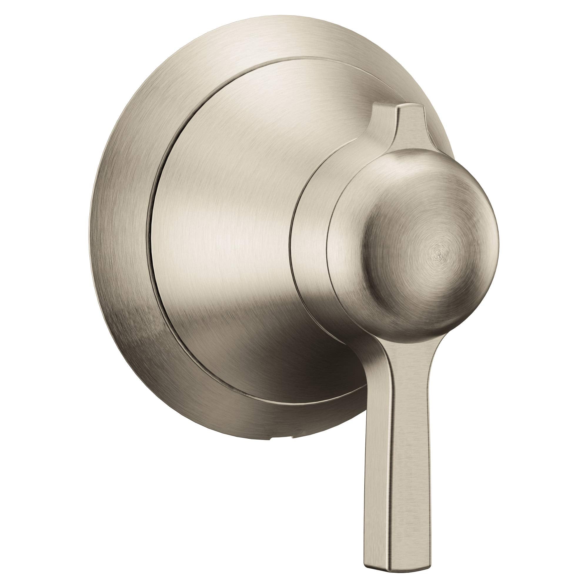 Brushed nickel volume control valve trim with round escutcheon plate and lever handle.