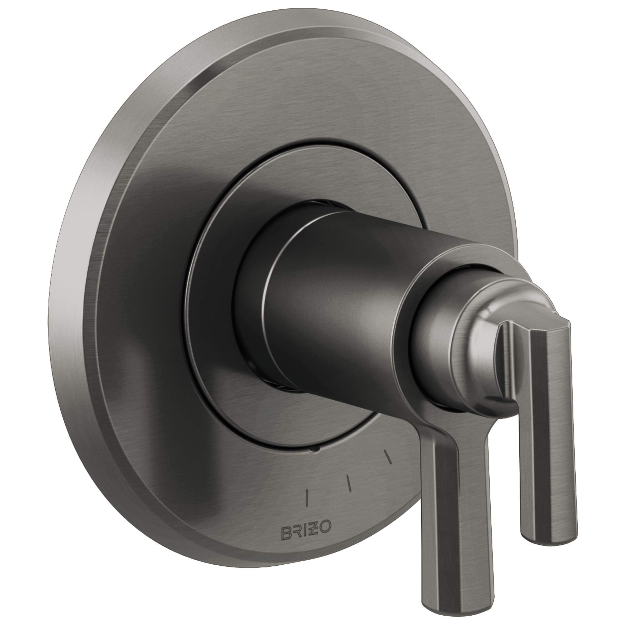 Brushed nickel thermostatic valve trim with round escutcheon plate and lever handle.